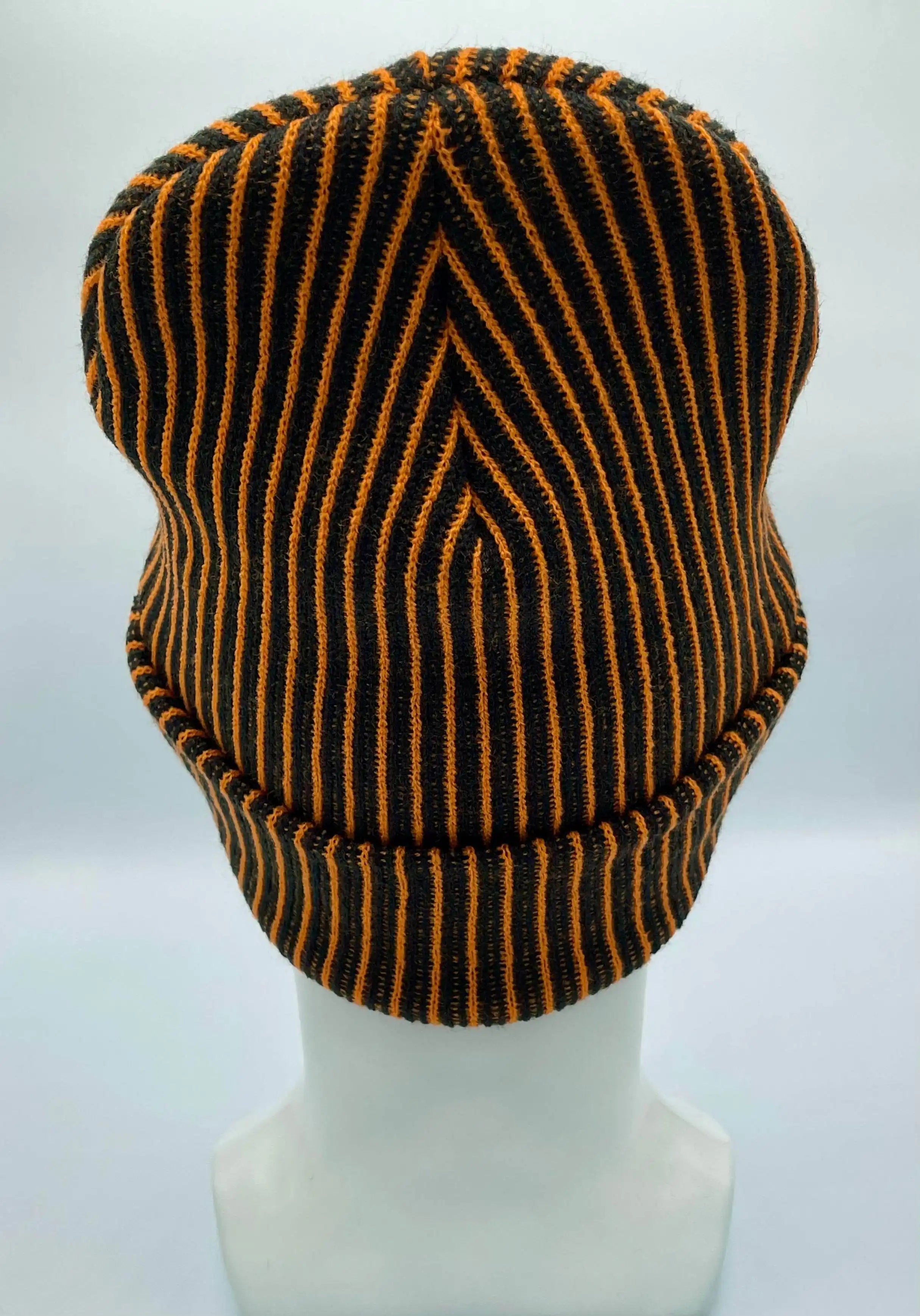 Cuffed Wide Ribbed Striped Beanie, Contrast, Black and Orange, Classic Beanie