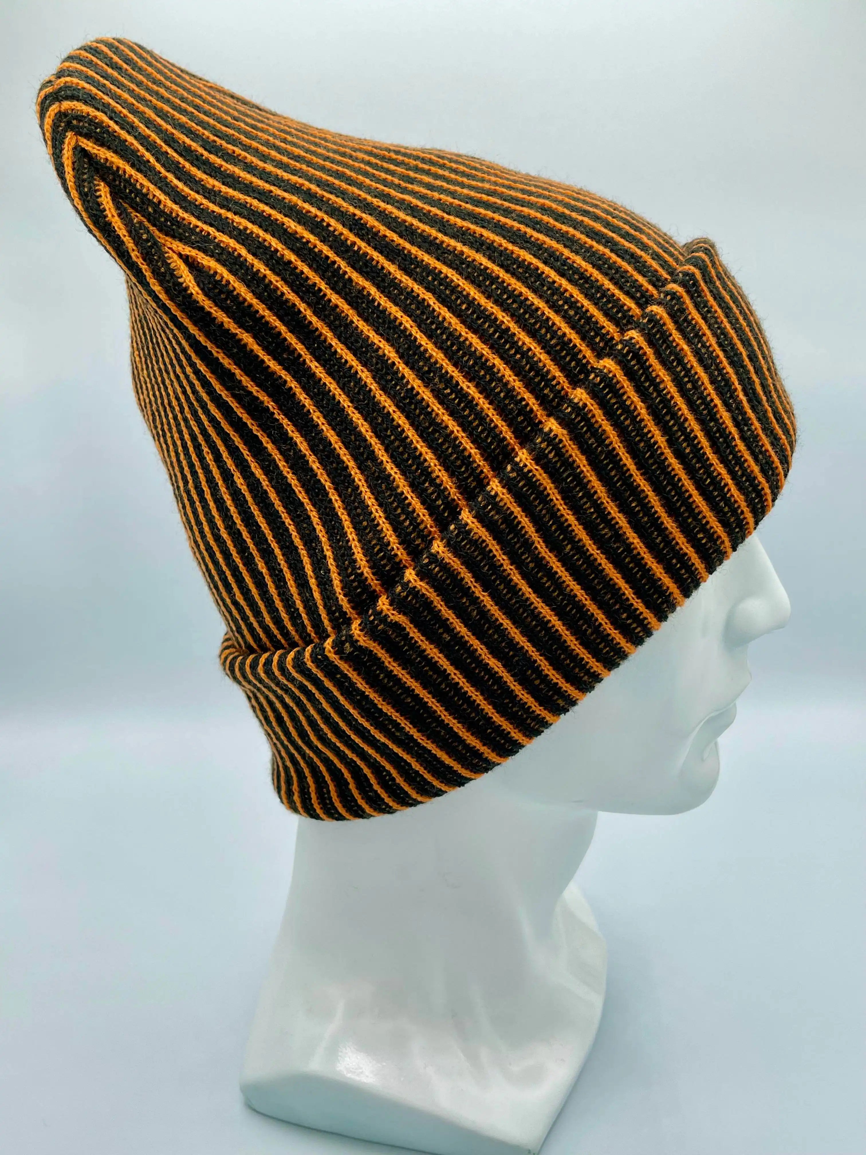 Cuffed Wide Ribbed Striped Beanie, Contrast, Black and Orange, Classic Beanie