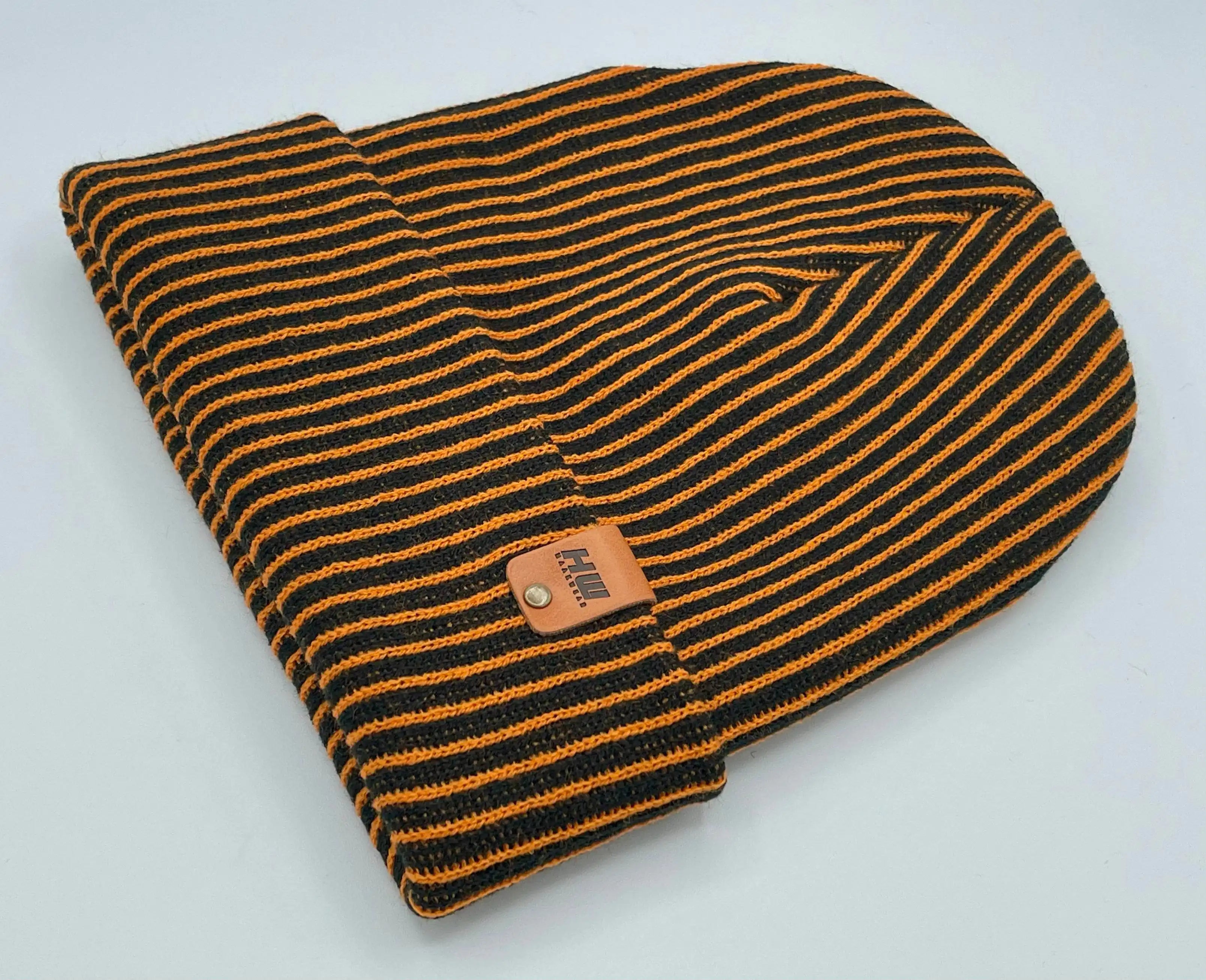 Cuffed Wide Ribbed Striped Beanie, Contrast, Black and Orange, Classic Beanie
