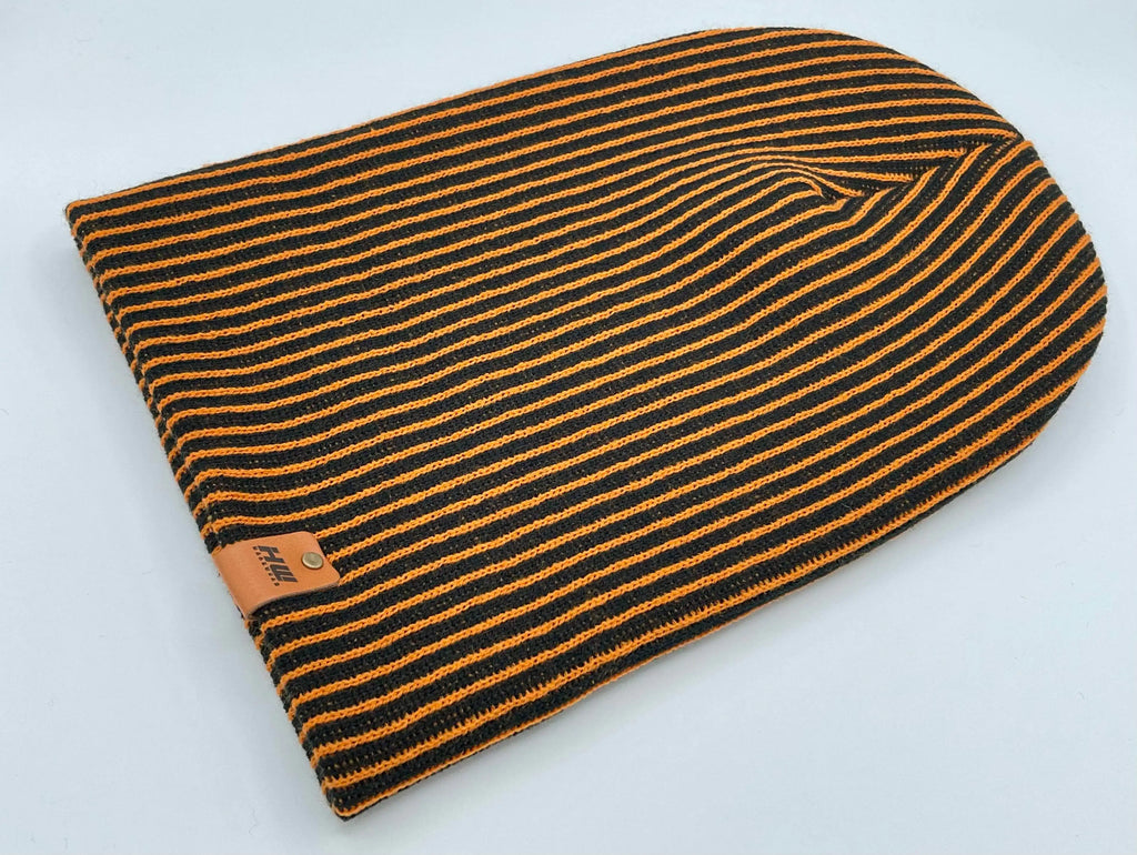 Cuffed Wide Ribbed Striped Beanie, Contrast, Black and Orange, Classic Beanie