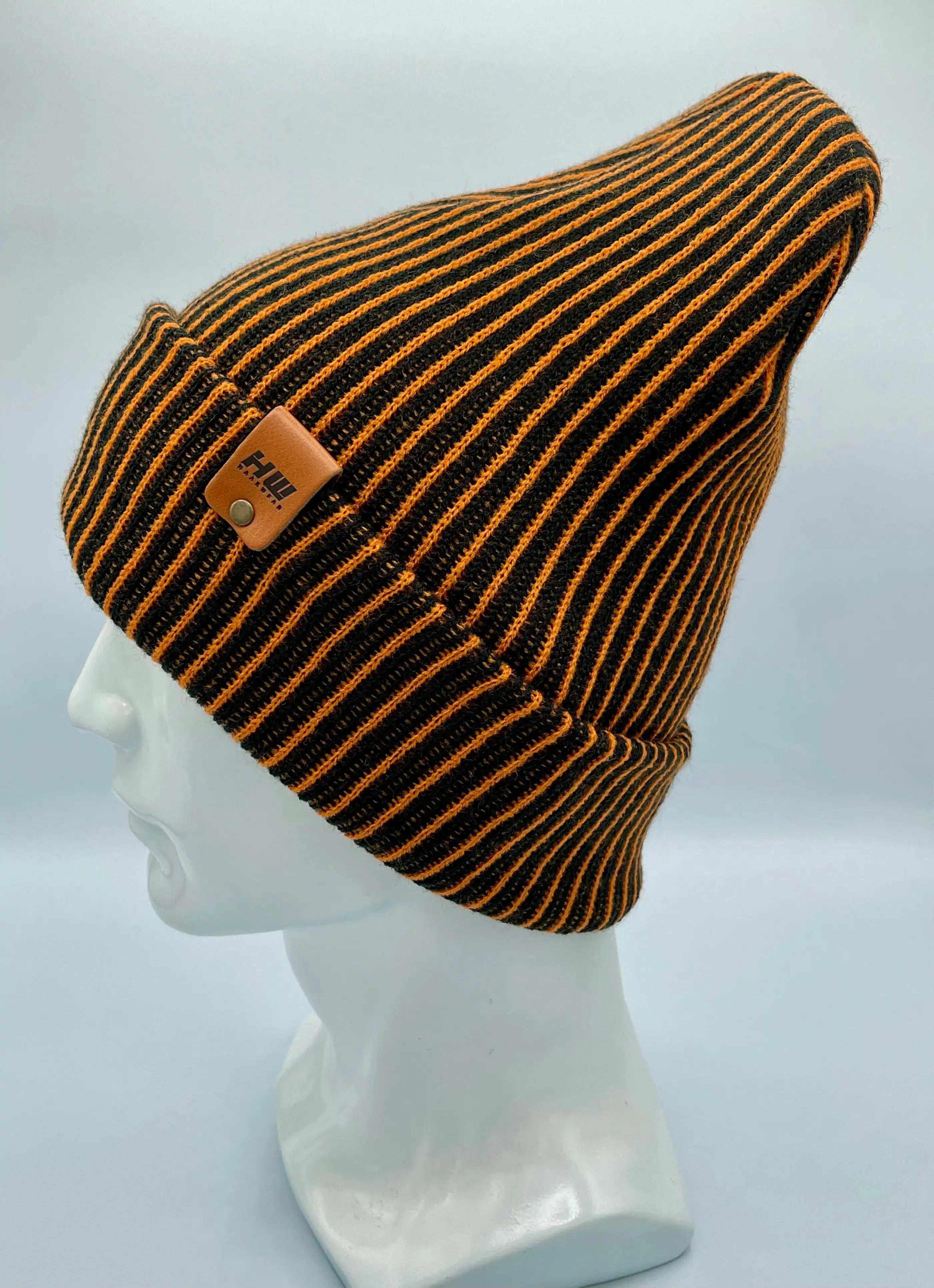 Cuffed Wide Ribbed Striped Beanie, Contrast, Black and Orange, Classic Beanie
