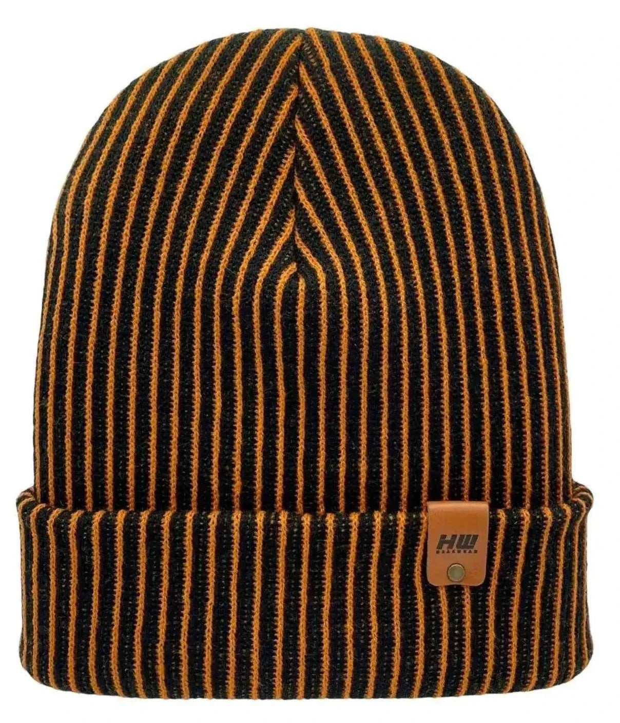 Cuffed Wide Ribbed Striped Beanie, Contrast, Black and Orange, Classic Beanie