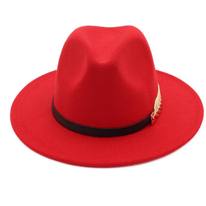 Ladies Luxury Red Fedora Warm Hat Classic Women Fedora Hat Wide Brim Hat Retro Soft Top Hat Vintage Cap Women Fedora Hats With Belt Buckle