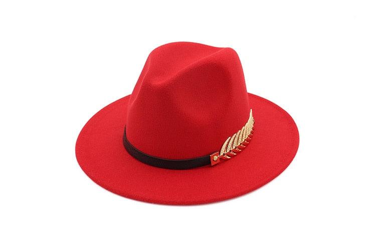 Ladies Luxury Red Fedora Warm Hat Classic Women Fedora Hat Wide Brim Hat Retro Soft Top Hat Vintage Cap Women Fedora Hats With Belt Buckle