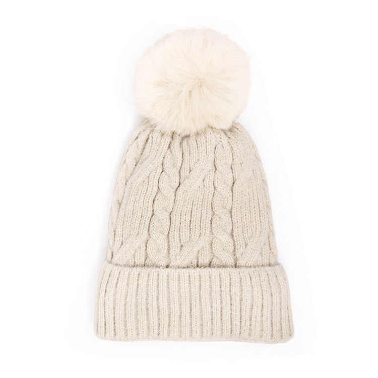 Lurex Accented Solid Cable Knitted Pom Pom Beanie Hat
