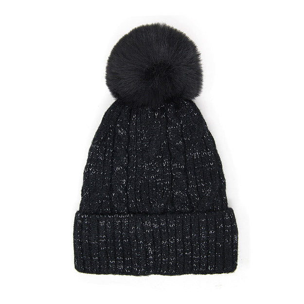 Lurex Accented Solid Cable Knitted Pom Pom Beanie Hat