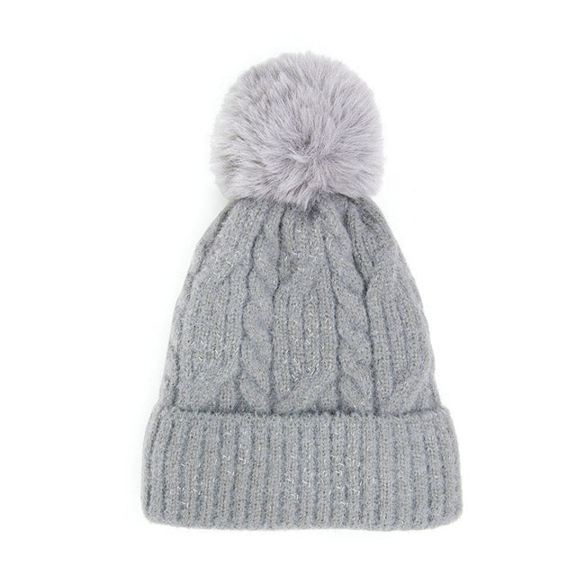 Lurex Accented Solid Cable Knitted Pom Pom Beanie Hat