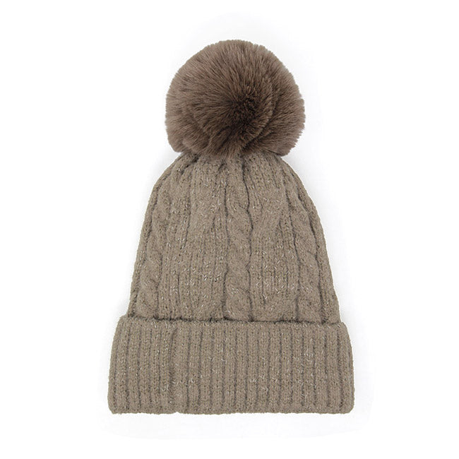 Lurex Accented Solid Cable Knitted Pom Pom Beanie Hat