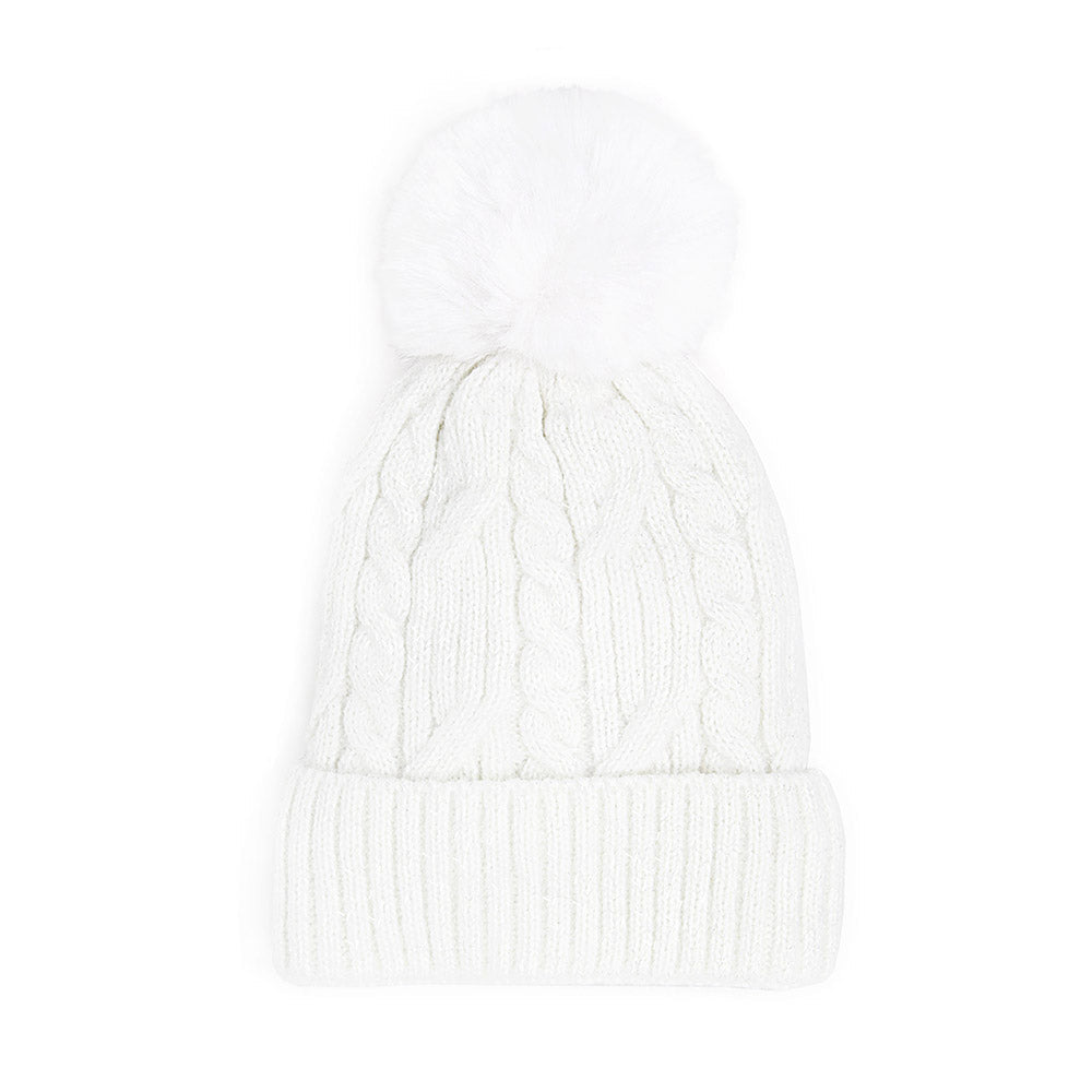 Lurex Accented Solid Cable Knitted Pom Pom Beanie Hat